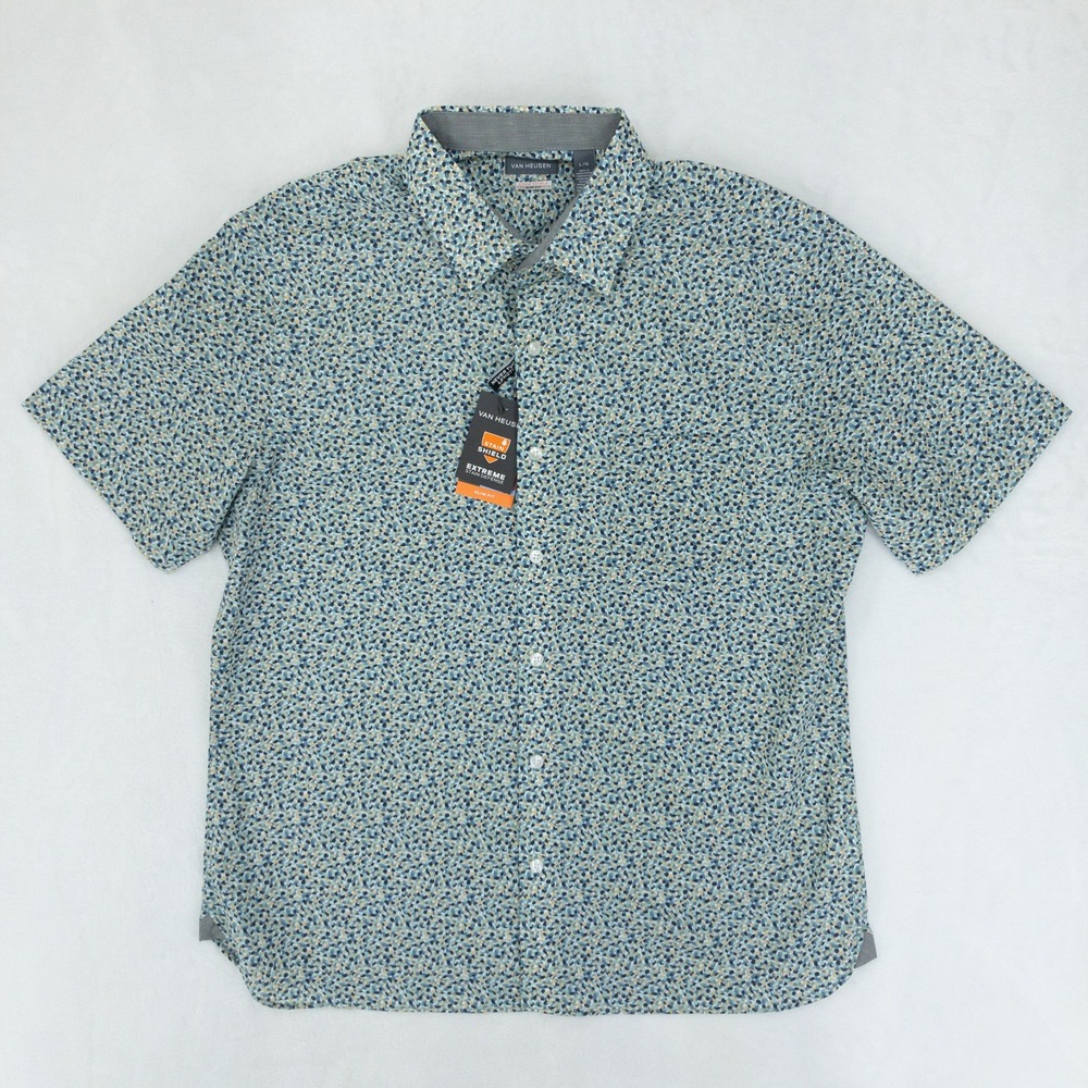Van Heusen Button Up Mens Large Blue Stain Shield Slim Fit Short Sleeve Shirt